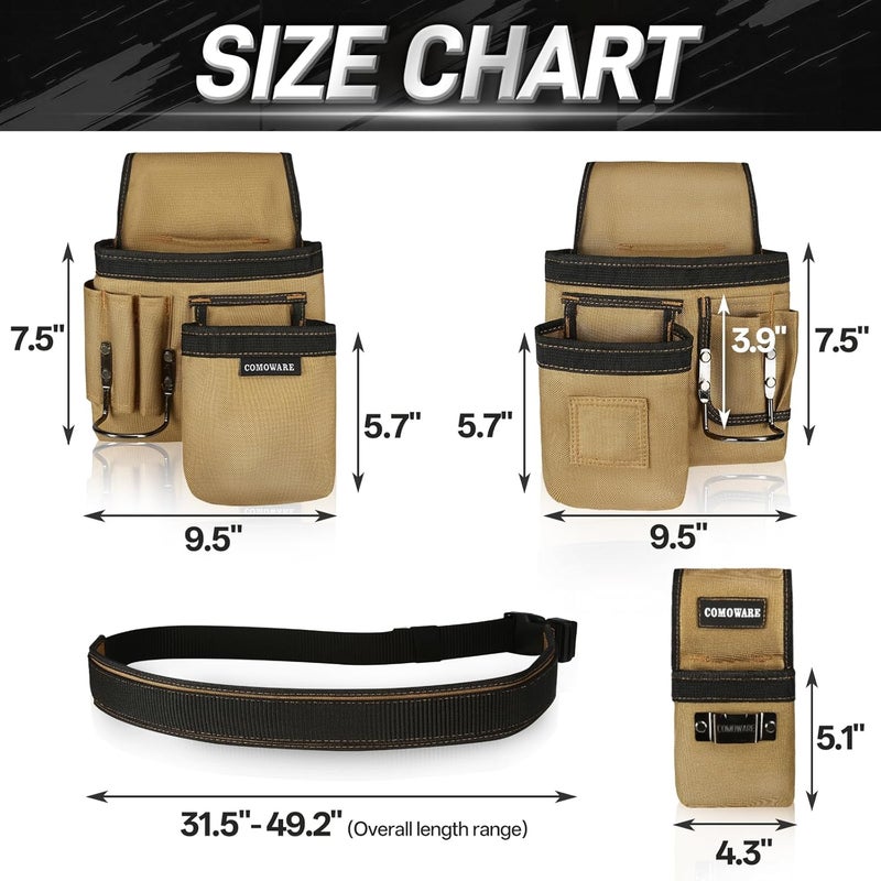 COMOWARE Tool Belt for Electricians & Construction Workers, Adjustable Heavy Duty Work Belt with Magnetic Zone, 17-Pocket Detachable System, Padded 600D Polyester Tool Belt for Men, Coffee Brown - Image 2